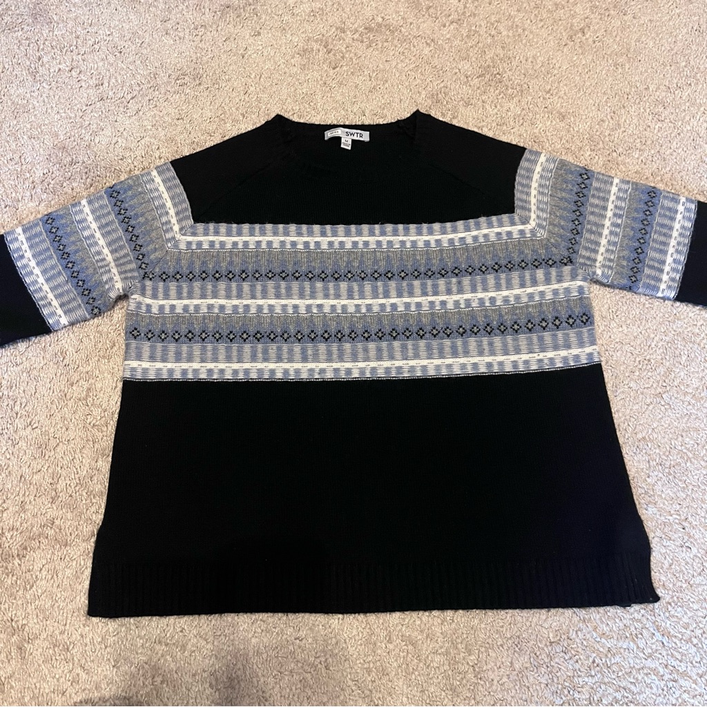 Swtr Fair Isle Panel Wool And Cashmere Knit Sweater In Black And Light Blue